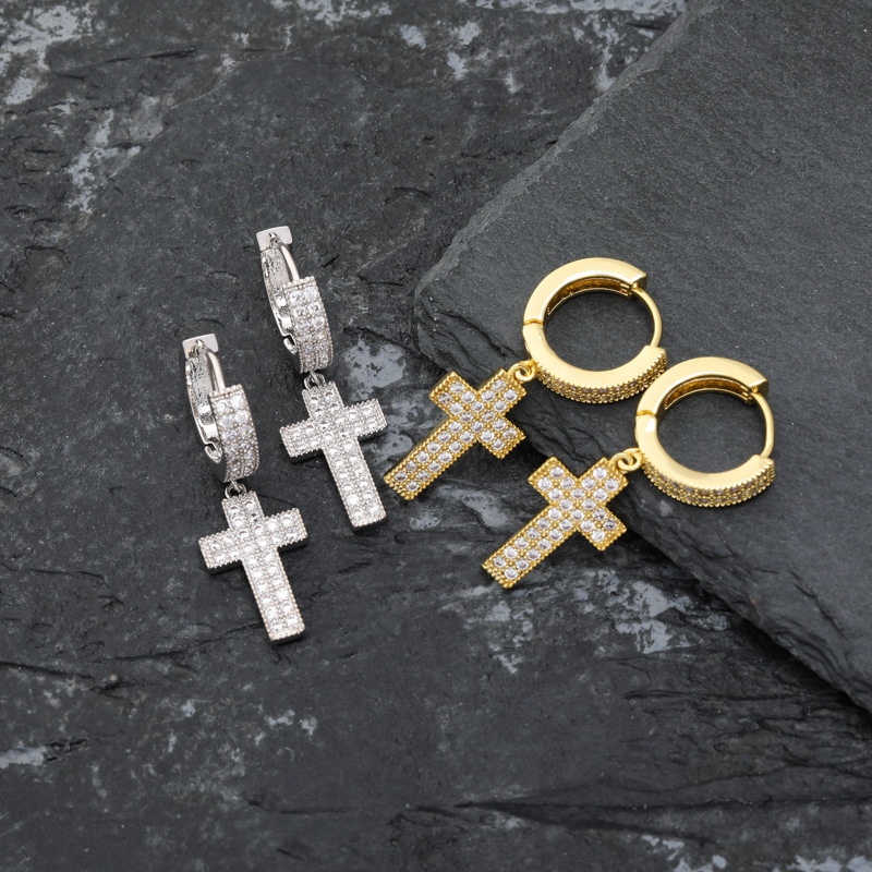 Hip Hop Cross Dangle Earrings Jewelry Gold Silver Fashion Mens Double Row Zircon Earring