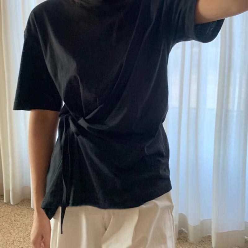 Korejpaa Women T-shirt Korean Chic Summer Base Round-neck Side Strap Waist Thin Short-sleeved Solid Color Tee Top Female 210526
