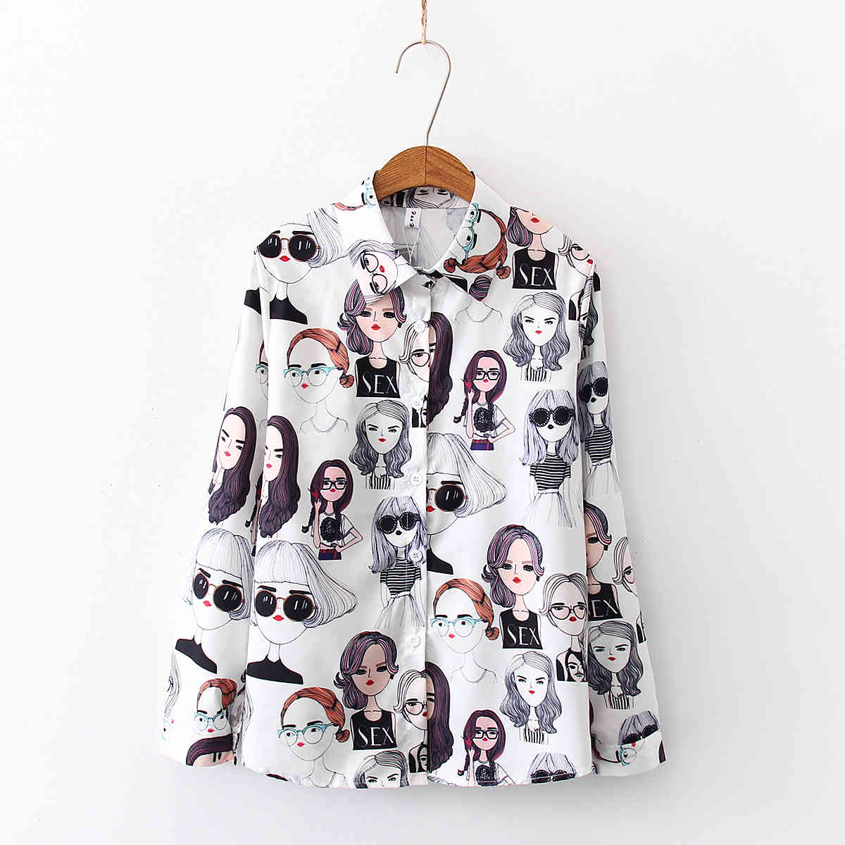 Loose Blouses Cute Cartoon Shirts Women Tops Korean Style Vintage Beauty Print Long Sleeve Blouse POLO Collar Shirt 6712 50 210508