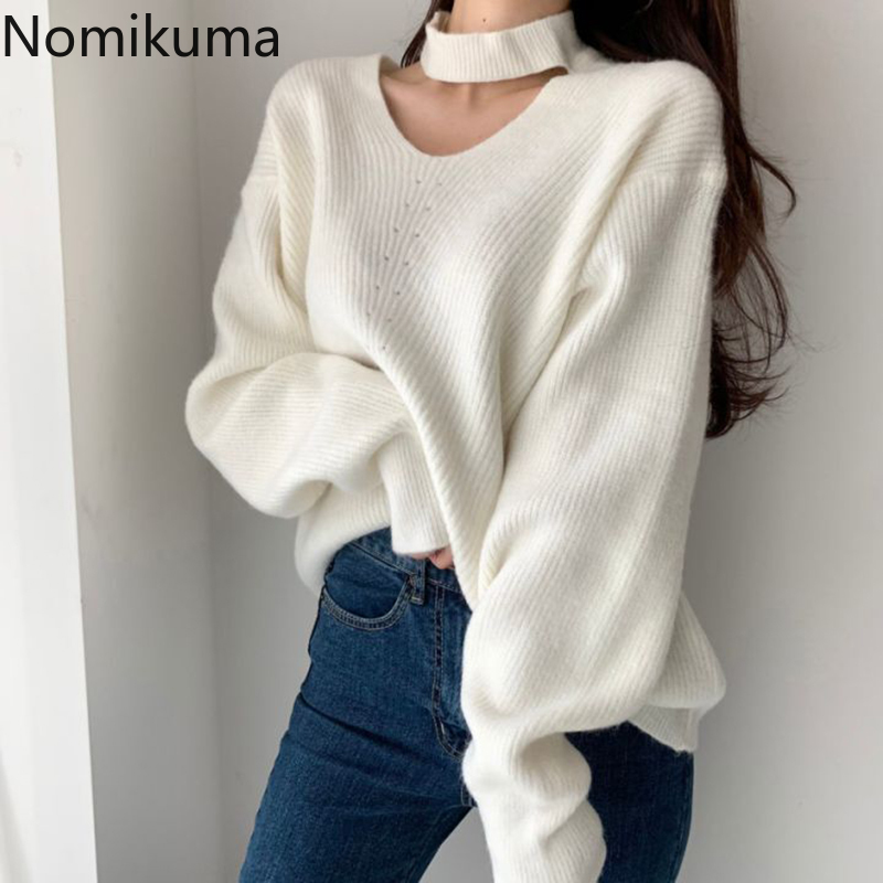 Nomikuma Sexy Halter Strapless Women Sweater Causal Long Sleeve Korean Solid Pull Femme Autumn Winter Knit Pullover 6D458 210427