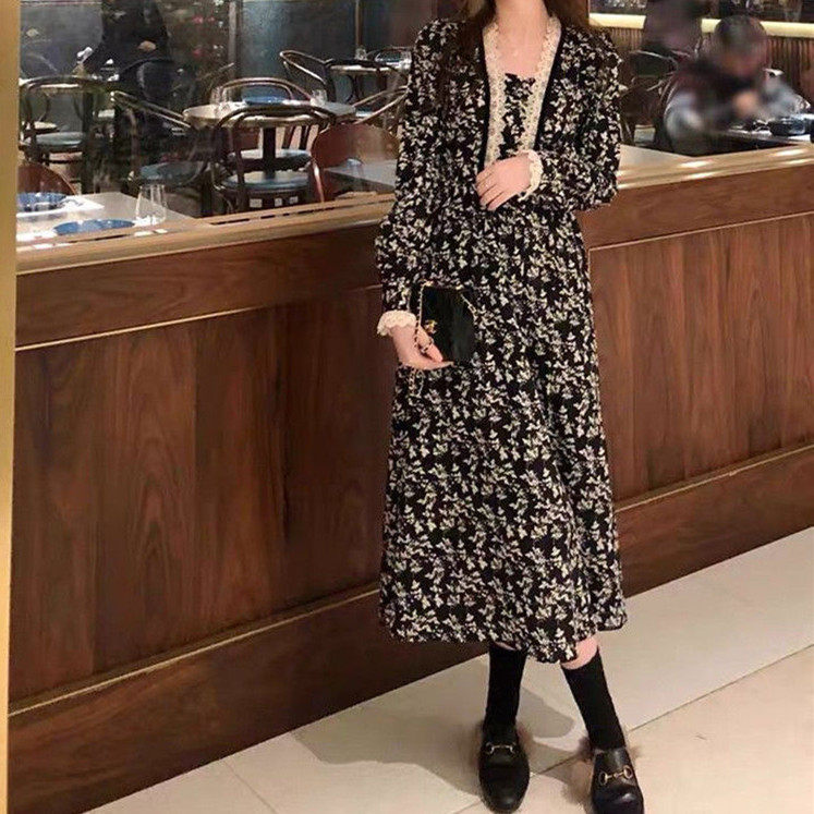 French Vintage Floral Dress Women Long Sleeve Lace V-Neck Elegant Dress Korean Sweet Flower Dress Female Spring 210521