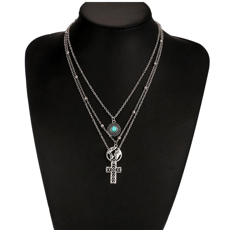 Fashion Turquoise Cross Pendant Necklaces For Women Silver Plated Choker Necklace Link Chain Jewelry Girlfriend Gift