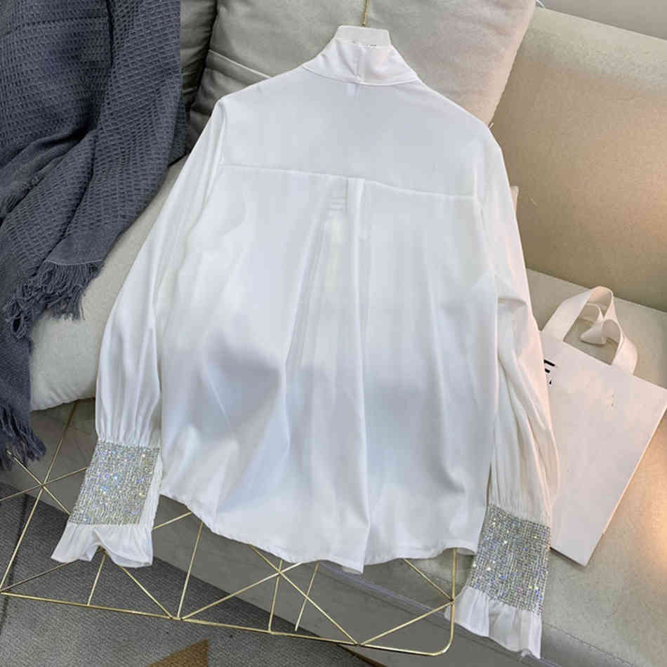 Free Spring Women's Bowknot Shirt Heavy Industry Diamond-studded Loose White Single-breasted Long Sleeve Top 210524