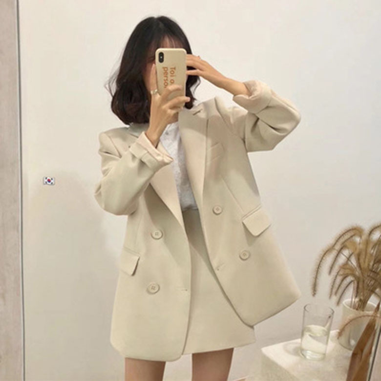 Women Blazer Skirt 2 Pieces Set OL Suit Double Breasted Oversized Jacket office suits 210510