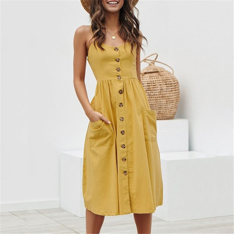 Elegant Button Sexy Dresses Women Straps V Neck Off Shoulder Backless Pocket Midi Vintage Lady Beach Summer Vestidos 210522