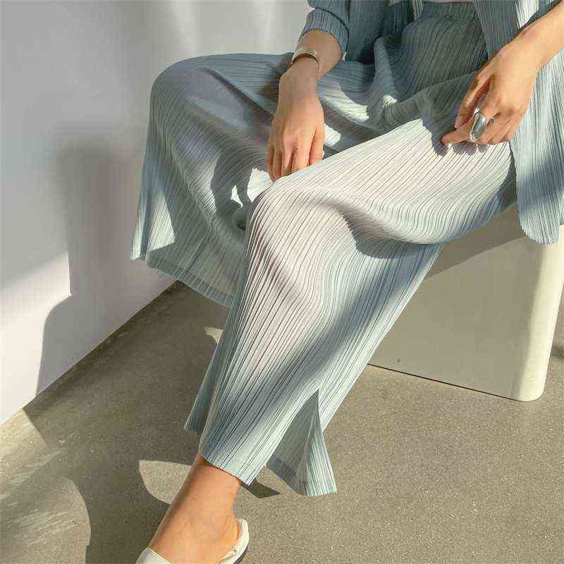 DEAT Frilly Pants Woman Solid High Waist Elastic Simple Thin Nine Length Loose Straight Causal Style Wild Autumn XQ362 211115