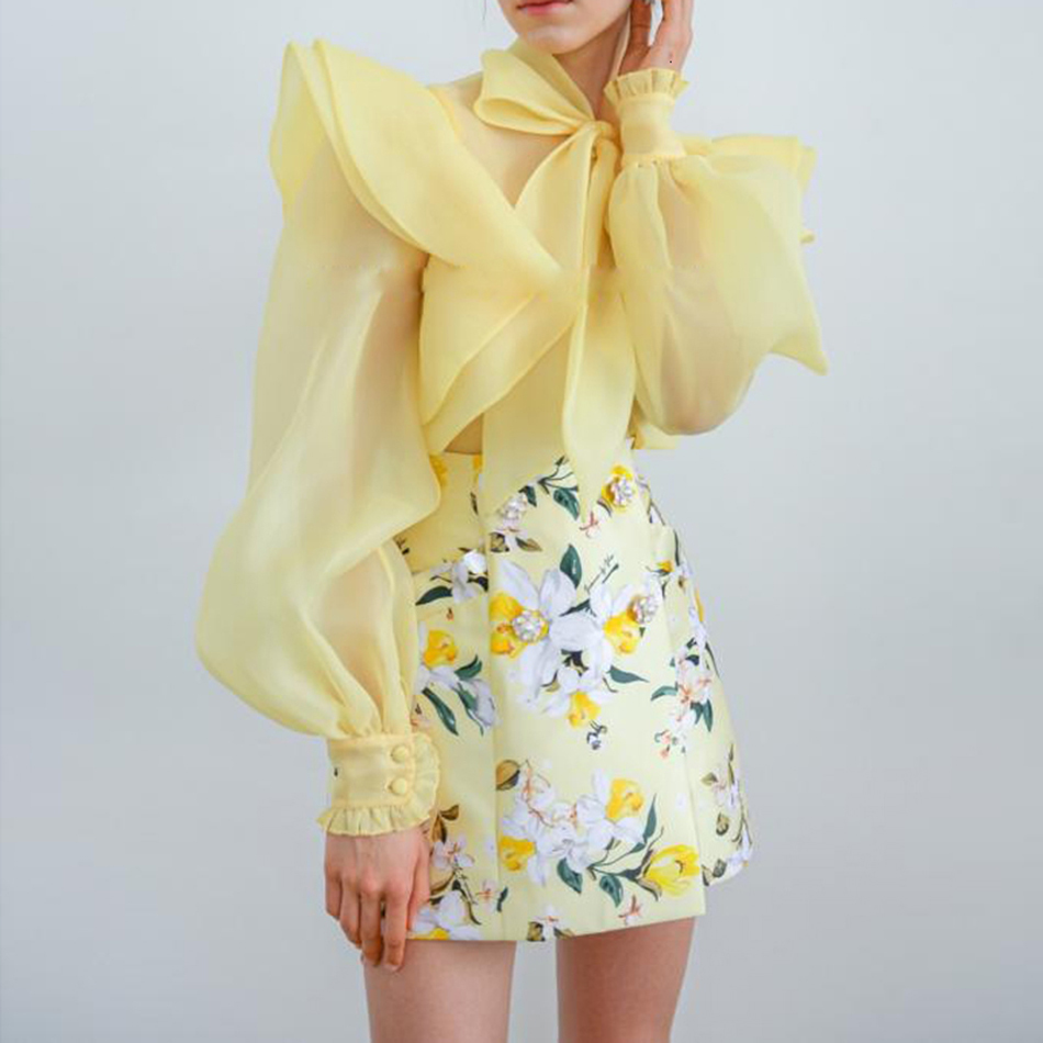 Lace Bow Tie Ruffle Puff Sleeve Long Single-breasted Perspective Top Ladies Yellow Shirt Tops Women Street Wear 210524