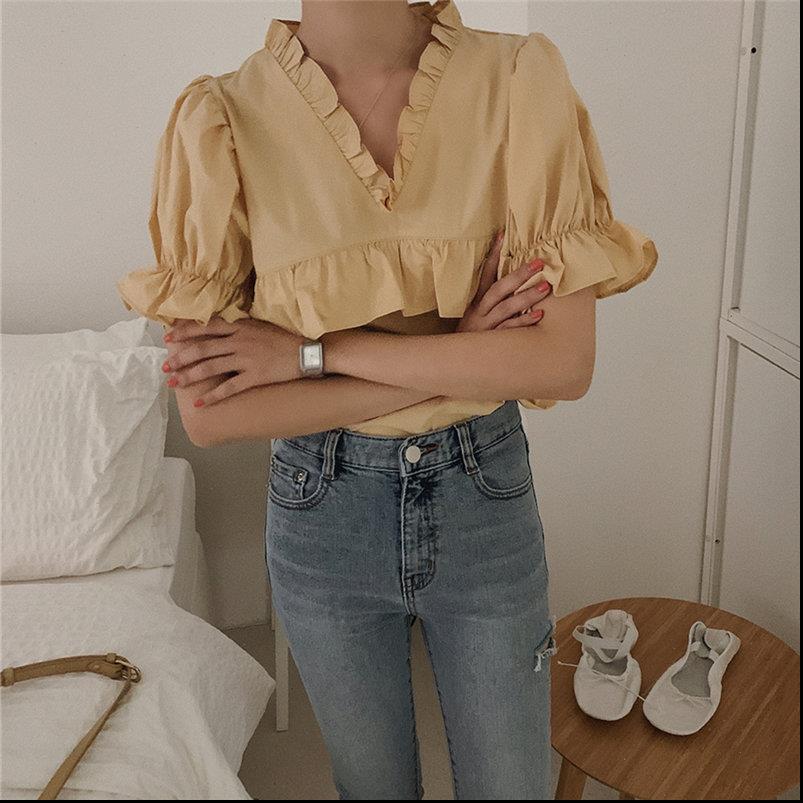 cute gentle summer womens shirt v neck short sleeves ruffles sweet chic solid shirts all match streetwear loose, White
cute gentle summer womens shirt v neck short sleeves ruffles sweet chic solid shirts all match streetwear loose, White