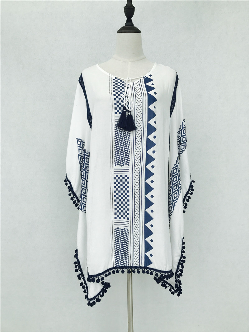 Beach Cover up With Tassel Rayon Vintage Swimwear Tunics Kaftan Dress wear Women Large Size Robe de Plage #Q338 210420