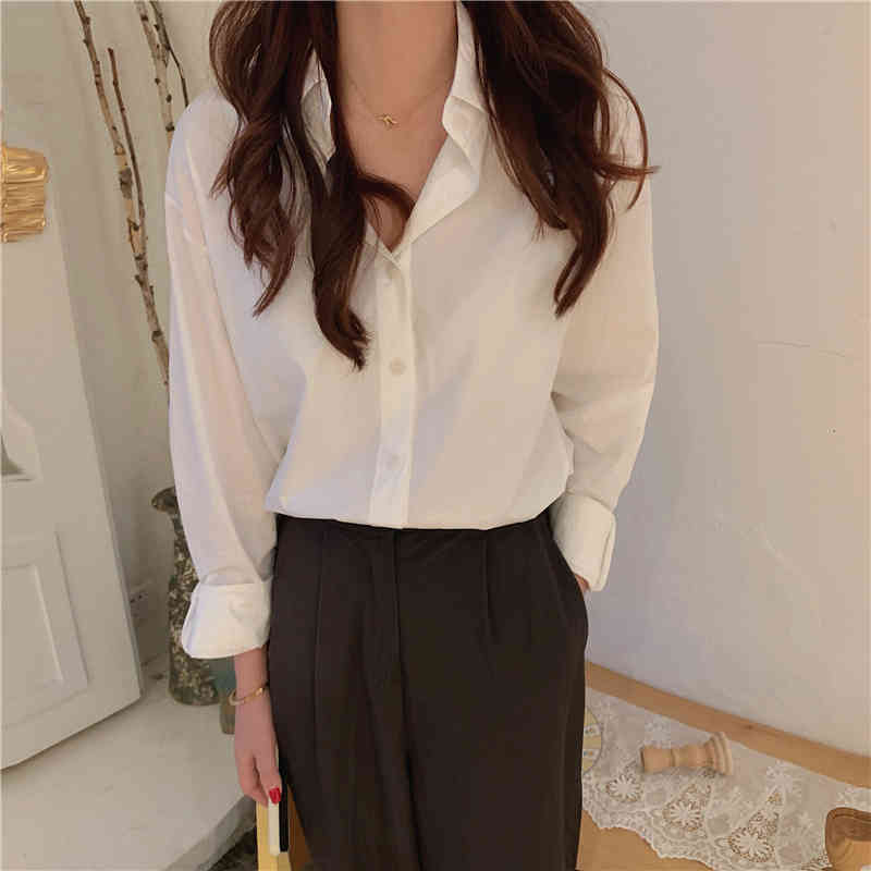 Fashion Work Wear Basic Shirt Women Tops Minimalist Casual Formal Shirts OL Solid Loose Full Sleeve Chic Blouses 210421