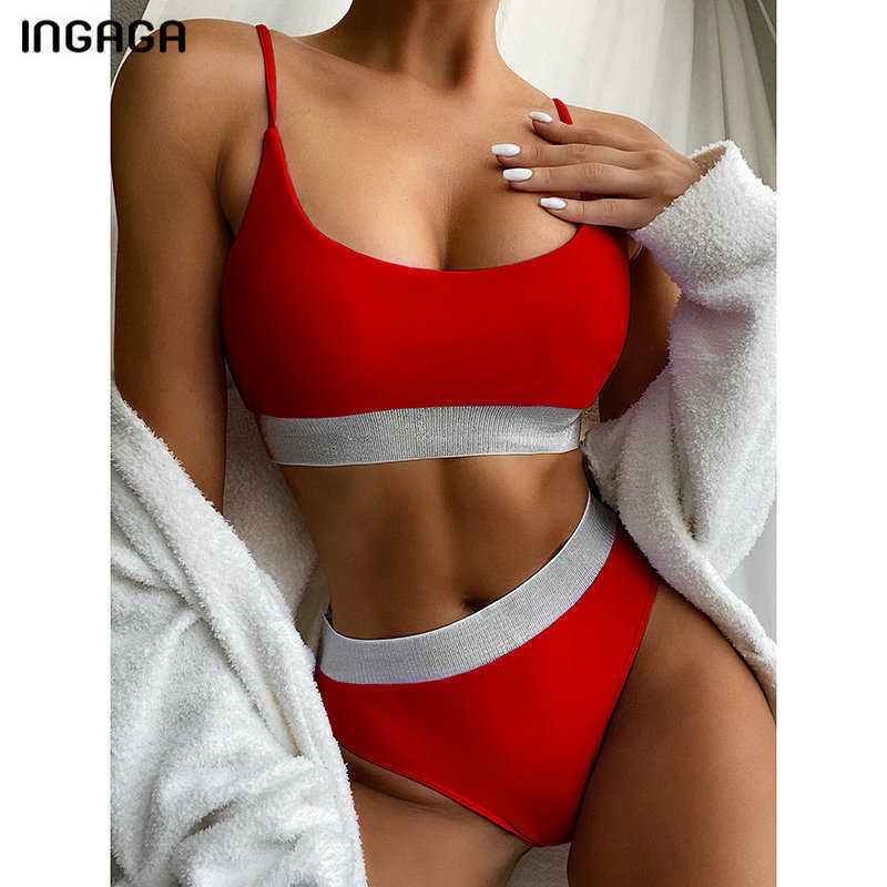 INGAGA High Waist Swimwear Bikini Women's Swimsuits Push Up Biquini Shiny Splicing Bikinis Cut Bathing Suits 210611