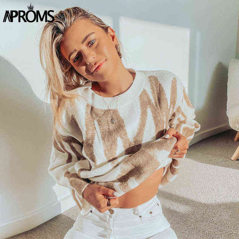 Aproms Korean Fashion Khaki Stripes Print Loose Sweaters Women Winter Hip-Pop Oversized Long Pullovers Streetwear Outerwear 211109