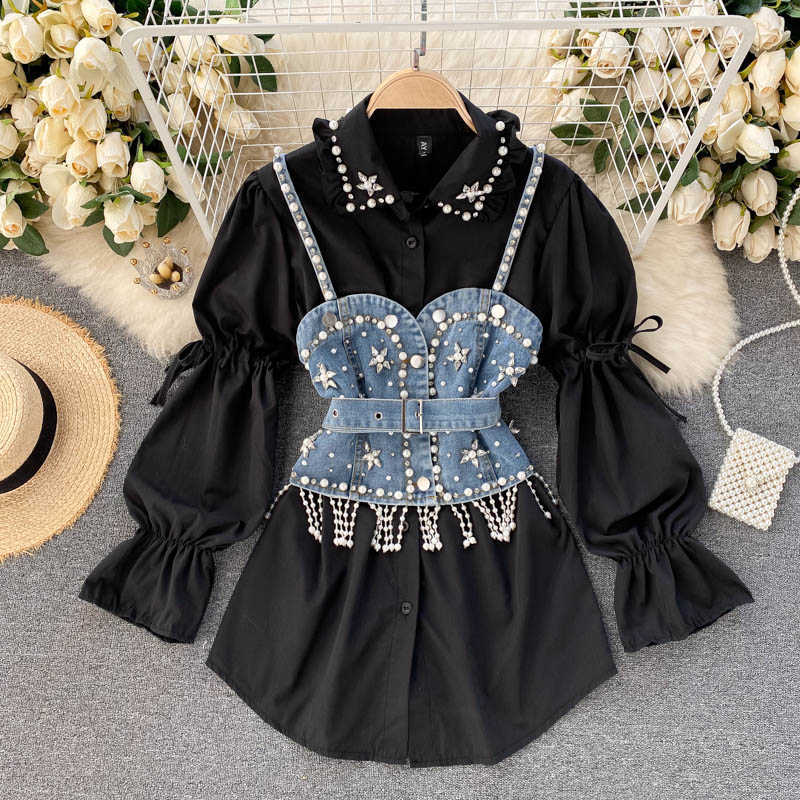Chic Women Fashion Diamond-studded Beaded Long Sleeve White Elegant Shirt + Tassel Pearl Denim Vest Two-piece Sets R524 210527