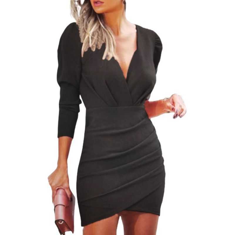 Women's Dress Sexy V Neck Pleated Long Sleeve Bodycon es Spring Elegant Slim Wrap Hips Mini es Ladies Club Party 210526