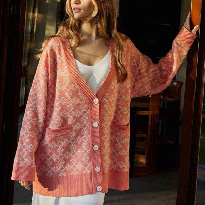 Women V-neck Checkered Print Knitted Cardigan Fashion Female Buttons Casual Long Sleeve Sweater Cardigan With Pocket Autumn 211123wtt