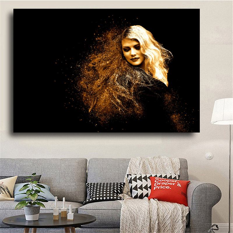 Modern Large Size Golden Woman Painting Canvas Art Wall Picture Abstract Portrait Posters And Prints For Living Room Home Decor