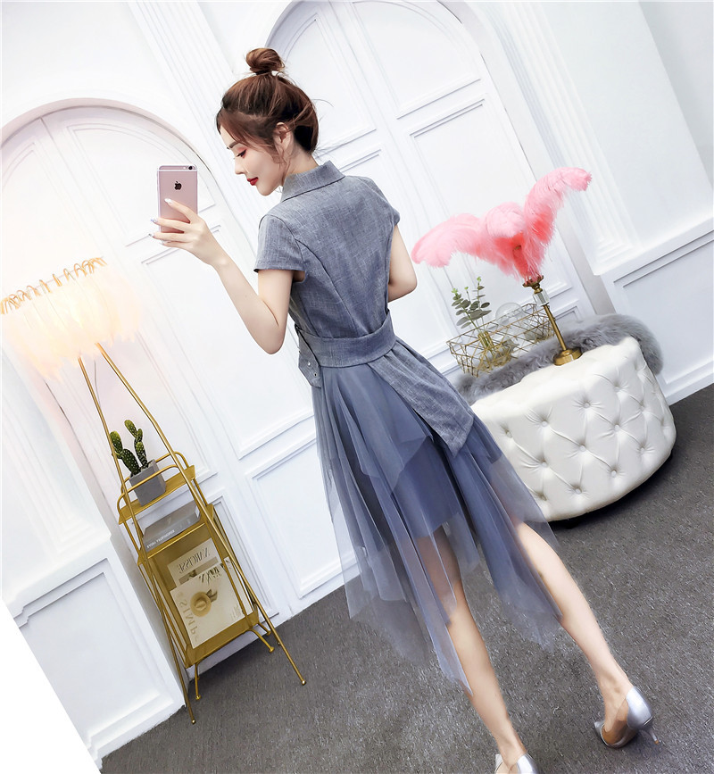 Fashion Summer Women Dress Elegant Lady Notched Collar Patchwork Mesh Irregular Office OL Party Female Belt 210519