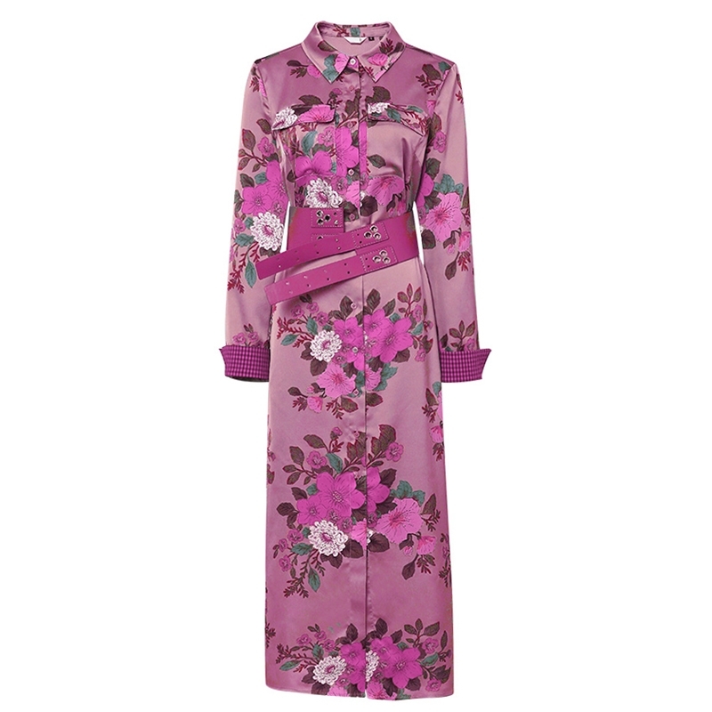 Autumn Vintage Elegant England Style Purple Flower Midi Dress Women Lady Office work Dresses Lapel neck Casual With Belt 210506