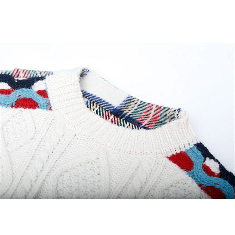 Vintage Women Patchwork Sweater Plaid Pullovers Tops Autumn Winter Long Sleeve Loose Korean Female Knitted Casual 210430