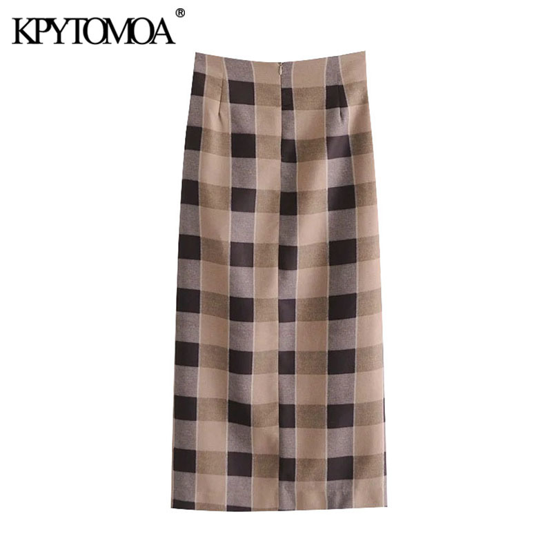 Women Fashion With Knot Side Vent Checked Midi Skirt High Waist Back Zipper Female Skirts Mujer 210420