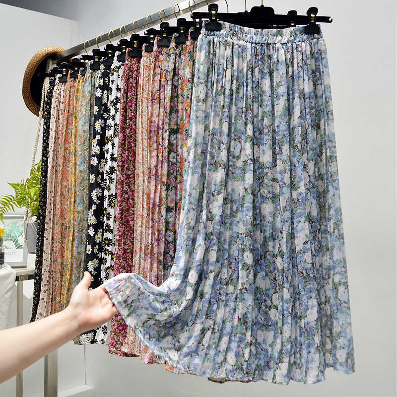 Summer Skirts Womens Vintage Floral Print Chiffon Pleated Elastic High Waist Casual Midi Women Clothes Jupe 210619