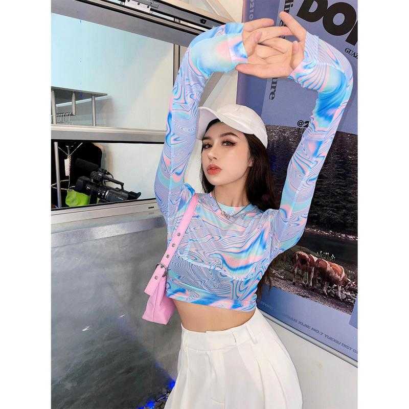 Yedinas Laser Color Tie Dye Crop Top Women Rainbow Gradient Long Sleeve T Shirts Futuristic Y2k Aesthetic Tops E Girl Dazzle Tee 210527