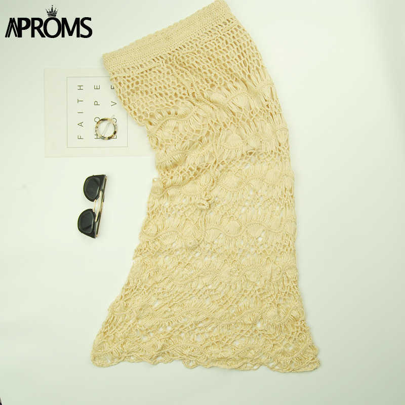Aproms Boho Lace Crochet Midi Skirt Women Vintage Knitting Cotton Hollow Out Skirts Ladies Summer Beach Pencil Saia 210621