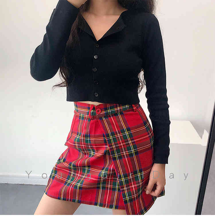 Vintage black red cropped cardigan Women crop Sweater Korean button knitted cardigans casual womens sweater 210521