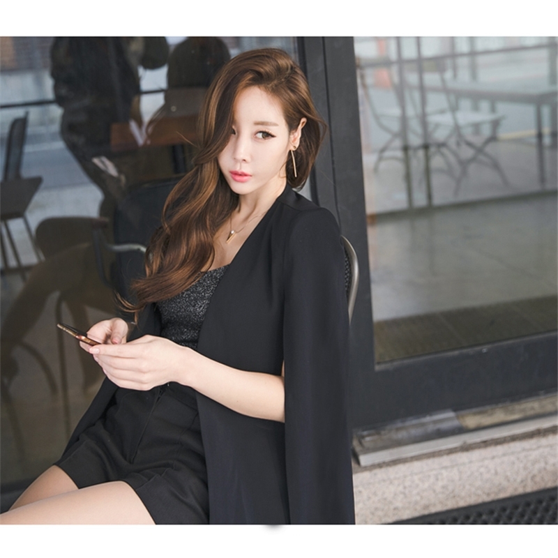 Fashion Spring Black Cape Coat Vintage V-Neck Split Cloak Jacket Female OL Office Workwear Outerwear 210519