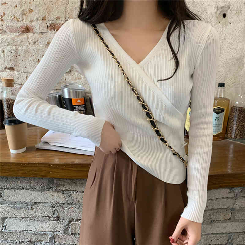 Colorfaith New Autumn Winter Women's Sweaters Pullover V-Neck Sexy Cross Minimalist Slim Bottoming Solid Lady Tops SW33561 210413