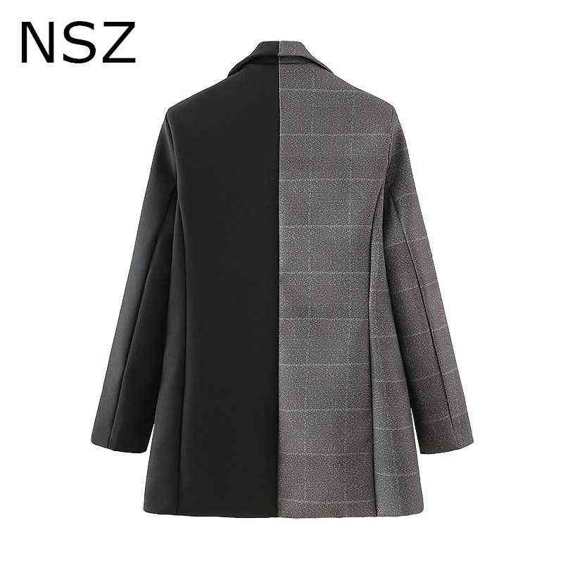 NSZ Women Checked Patchwork Black Oversize Blazer Double Breasted Office Ladies Large Size Plaid Suit Jacket Coat Outerwear 211122