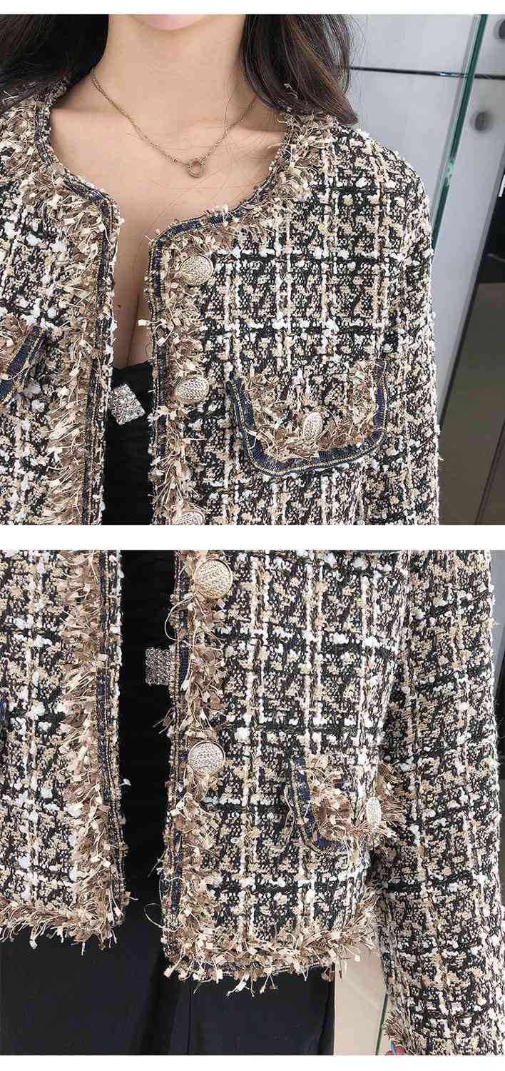 Autumn Winter Women Small Fragrance Vintage Plaid Tweed Jacket Coat Korean Elegant Long Sleeve Slim Short Outerwear 210519