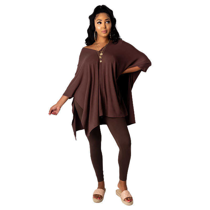 Designers Women Clothes pants 2023 autumn and winter solid color slotted V-neck bat sleeve two piece set