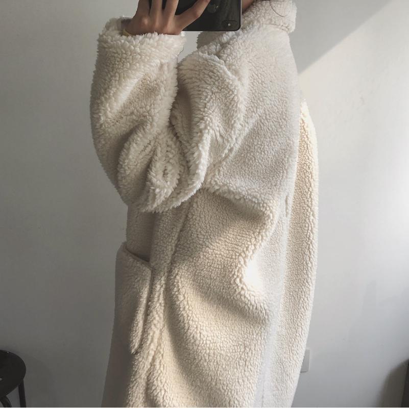 Women's Fur & Faux Winter Milky White Lamb Wool Coat Thick Lapel Long Plush Women Jacket