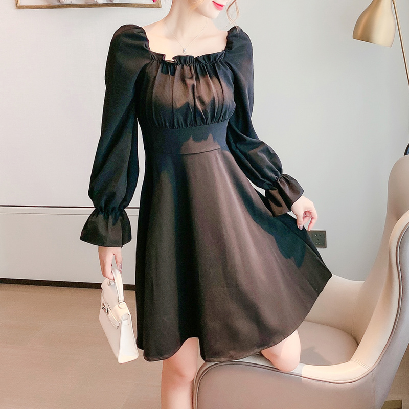 Sexy Dres Women Autumn Korean High Waist Kneelength Back Tie with Openback Square Collar Flare Long Sleeve Dresses 12160 210417