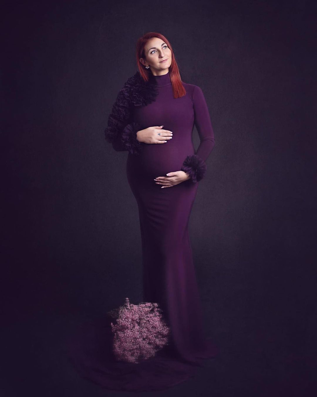 2021 Purple Ruffles Plus Size Pregnant Ladies Maternity Sleepwear Dress High Neck Nightgowns For Photoshoot Lingerie Bathrobe Nightwear Baby Shower