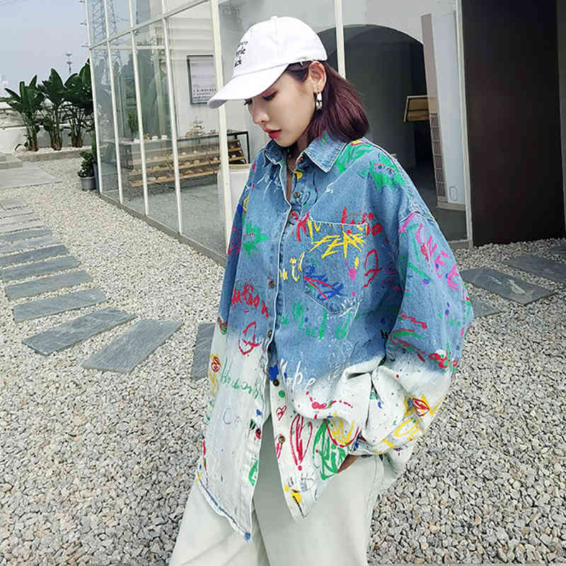 Graffiti Printed Gradient Blouse Women's Spring Lapel Large Size Single Breasted Long Sleeve Denim Shirt 210427