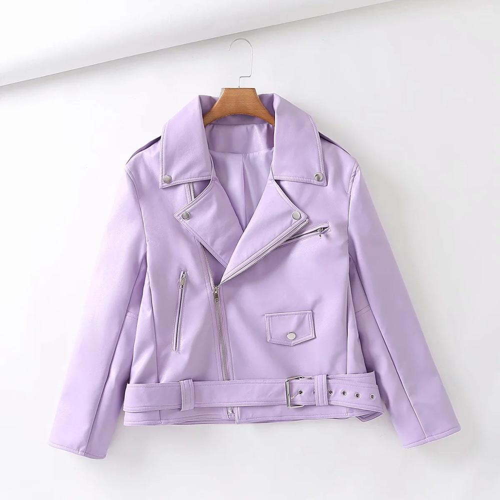 Spring Women PUNK Style Belt Hem PU Leather Jacket Streetwear Long Sleeve Coat Loose Soft Outwear Purple White Black 210429