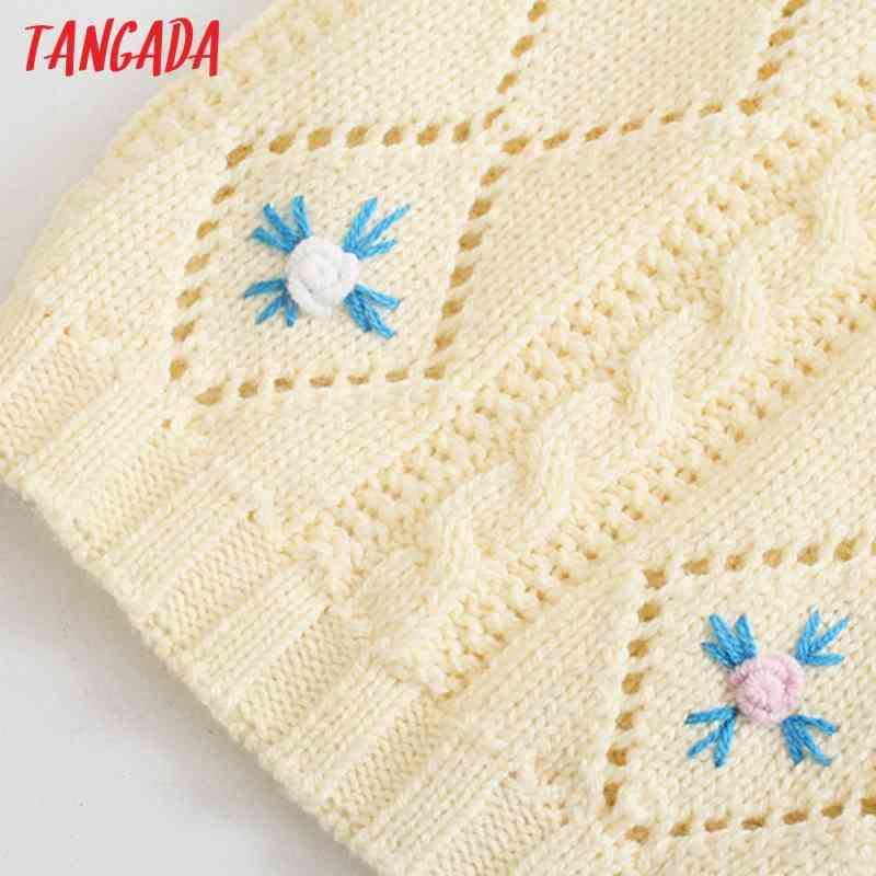 Women Elegant Flower Emboridery Crop Vintage Jumper Lady Fashion Knitted Cardigan Coat 3N23 210416