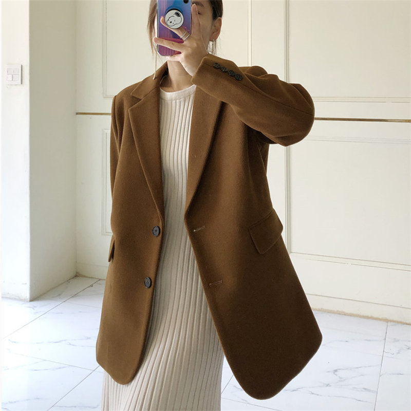 Loose Women Plus Size Vintage Solid Brief Feminine Woolen Warm All Match Retro Chic Office Lady Blazer 210421