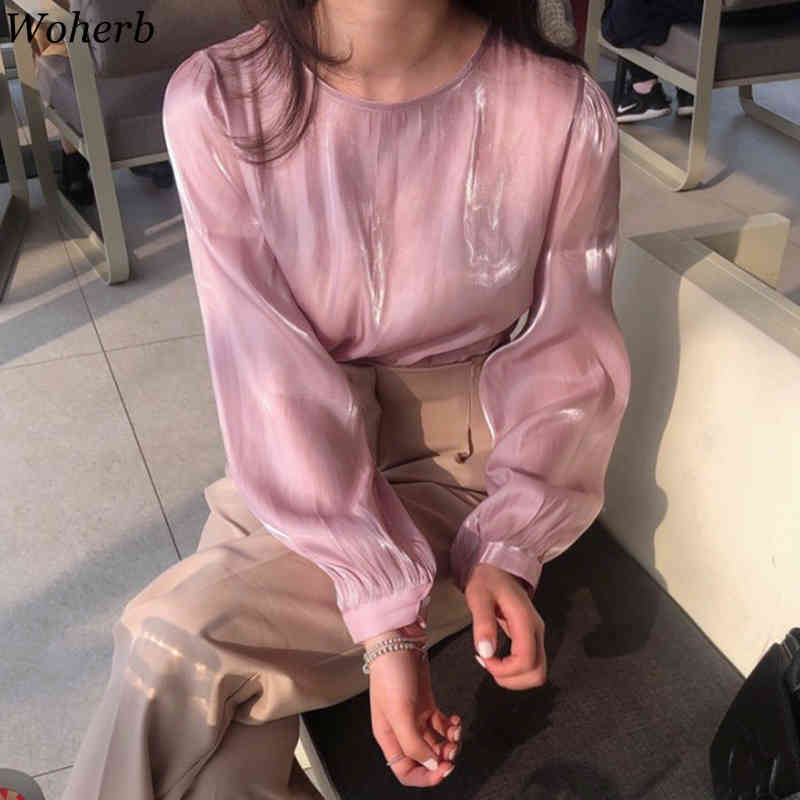 See Through Shirts Women Spring Summer Solid Long Puff Sleeve Ladies Blouses Loose Casual Female Tops 210519