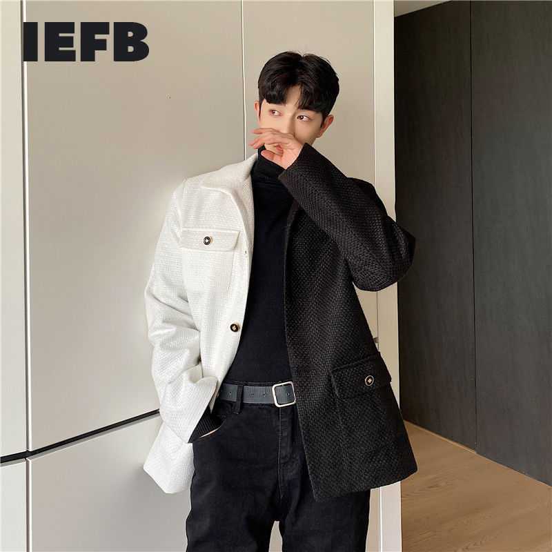 IEFB streetwear color block tweed thickened suit coat for men Spring Autumn single breasted black white blazers males 9Y4397 210524