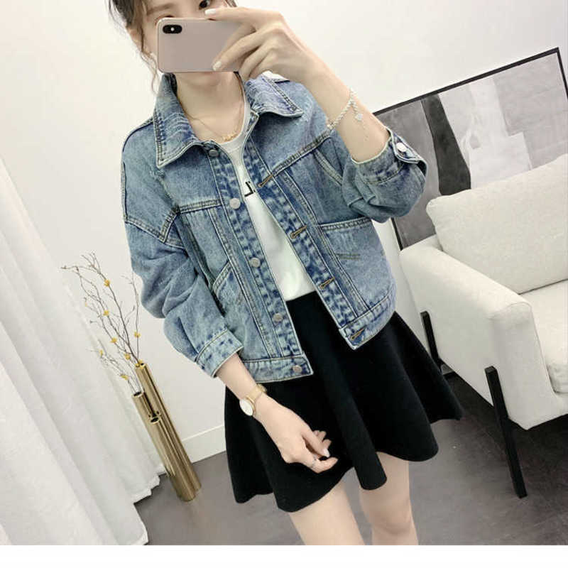 [EWQ] Autumn Full Sleeve Turn-down Collar Loose Women Cowboy Coats Korea Style 1 Blue Short Denim Jacket QZ346 210928
