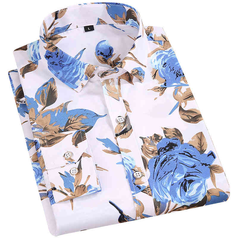 Men's Floral Print Shirts Long Sleeve Fashion Flower Printing Casual Shirts 100% Polyester Soft Comfortable Men Dress Shirt 210410