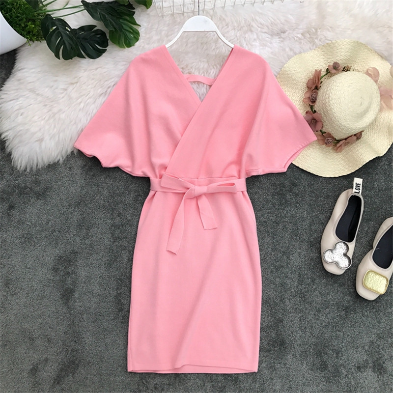 Sexy Dresses Solid Knitting Stretch C-neck Summer Dress Women Bow Lace Up Bodycon Batwing Sleeve Slim Vestidos 210521