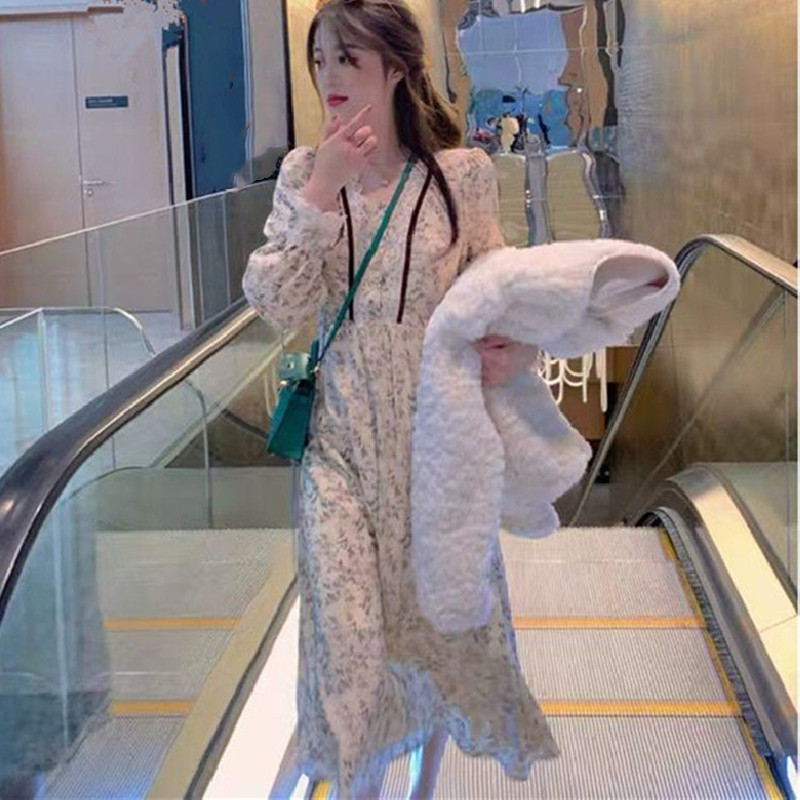 French Vintage Floral Dress Women Long Sleeve Lace V-Neck Elegant Dress Korean Sweet Flower Dress Female Spring 210521
