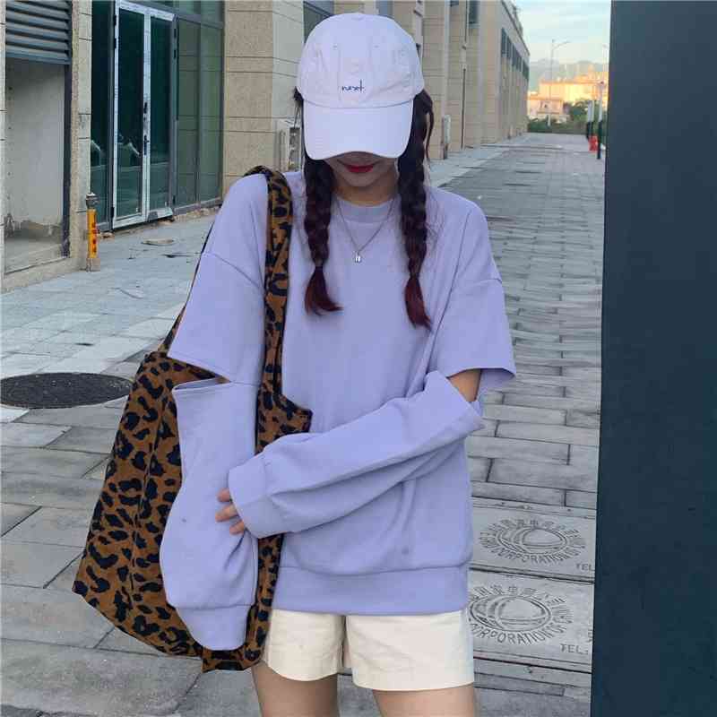 2021 spring and Autumn New Korean loose design sense hole long sleeve sweater women's solid color versatile casual top, Purple
2021 spring and Autumn New Korean loose design sense hole long sleeve sweater women's solid color versatile casual top, Purple