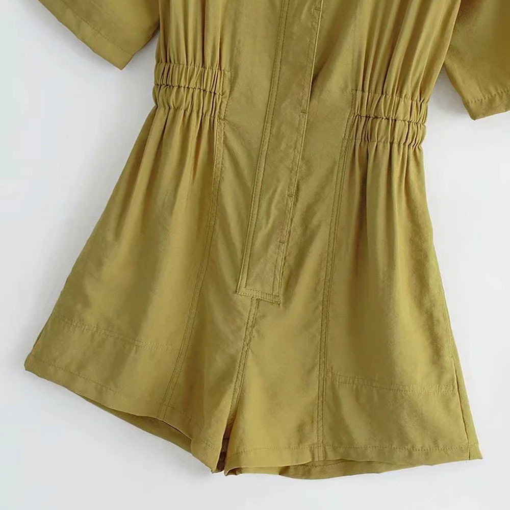 BBWM Women Vintage Turn Down Collar Short Sleeve Shirt Playsuits Femme Chic Elastic Waist Casual Slim Vestido 210520