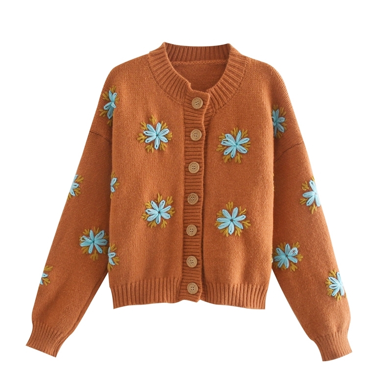 Autumn Casual Chic Floral Embroidery Knitted Cardigans Women Fall Fashion O-neck Cardigan sweater Female Loose sweaters 210508