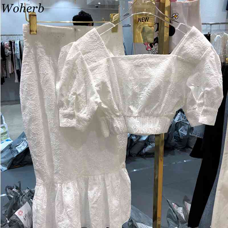 Korean Chic Suit Puff Short Sleeve Lace White Crop Tops High Waist Slim Bodycon Skirt Femme Roupas Two-piece Sets Women 210519